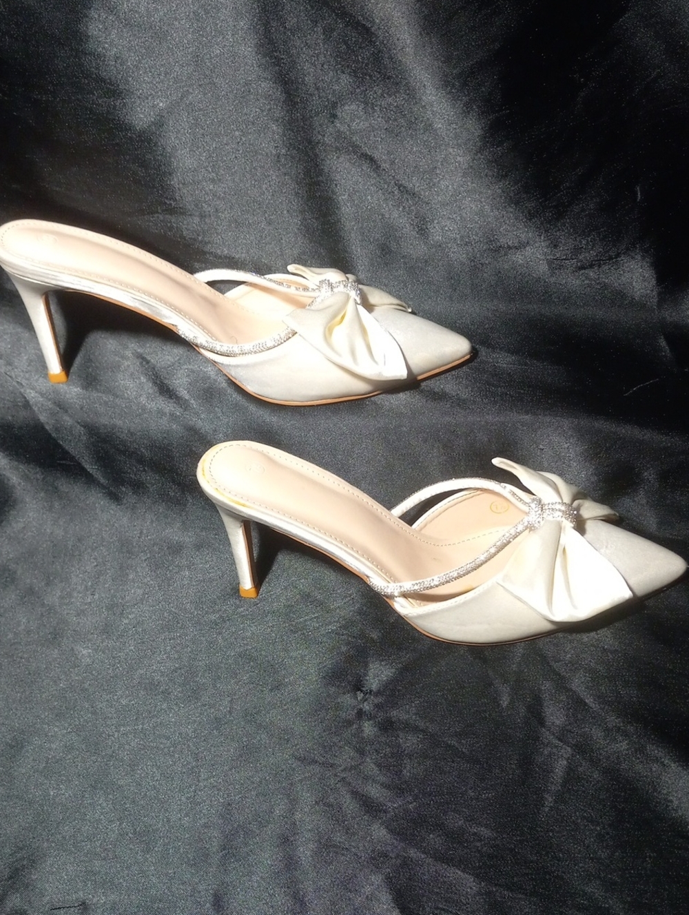 Ivory Pointed-Toe Satin Mule with Bow and Rhinestone Strap